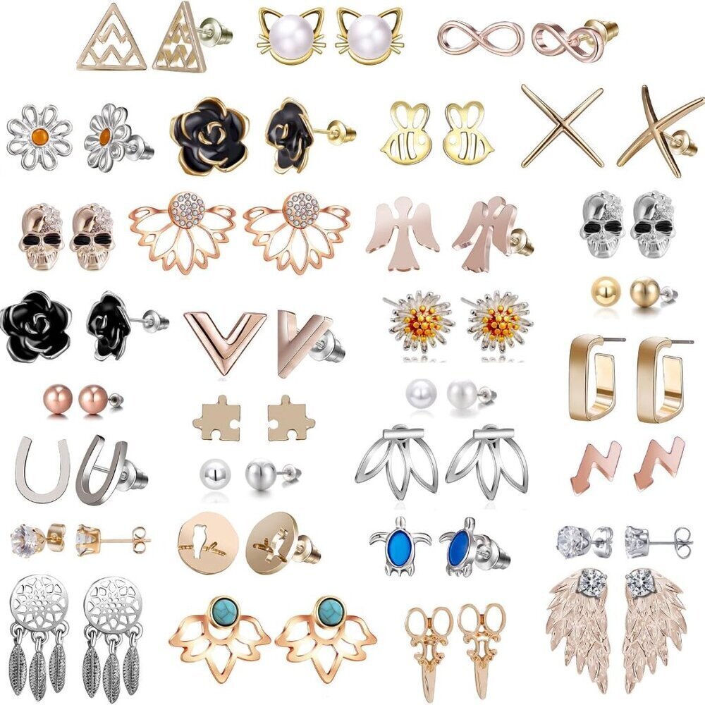 Assorted Stainless Steel Stud Earrings 32 Pairs Girls Women Jewelry Gift